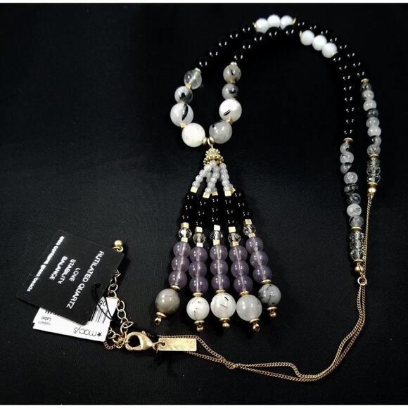 Vintage Gemstone & Glass Beaded Necklace, Tassel Pendant, 1990s - Picture 3 of 10